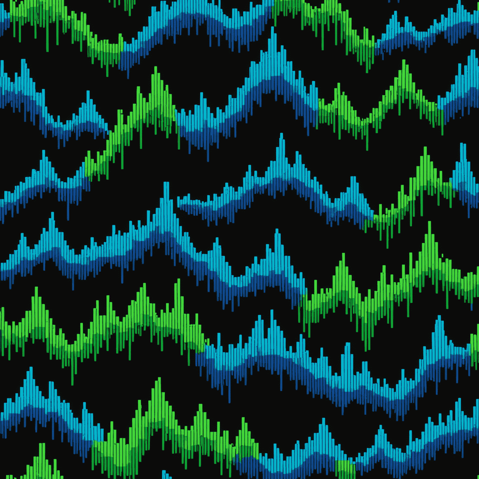 A vibrant waveform visualization of 8-bit audio, featuring pixelated peaks and valleys in electric blue and neon green colors, reminiscent of classic video game soundtracks