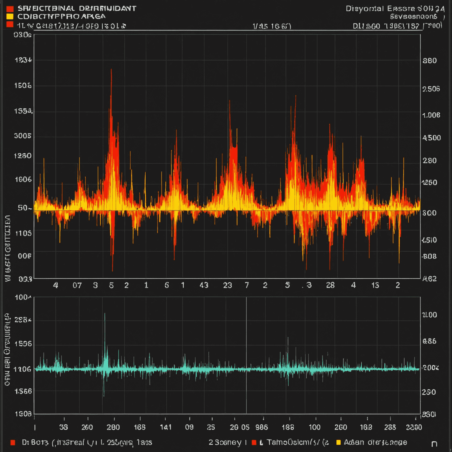 Spectral analysis of a gunshot, showing frequency distribution and amplitude over time. The image displays a waveform with a sharp initial transient followed by a decay, typical of firearm discharge.