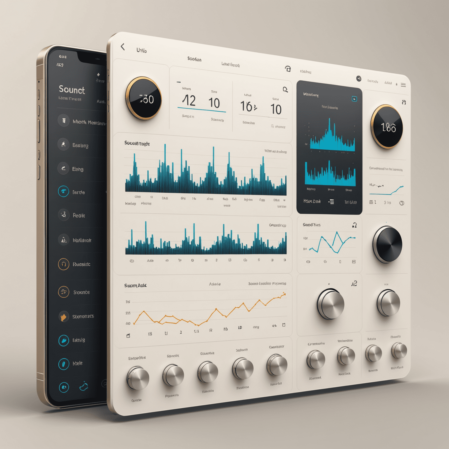 A visual representation of UI sound design, showing various interface elements with sound wave icons, demonstrating the concept of audio feedback in user interfaces