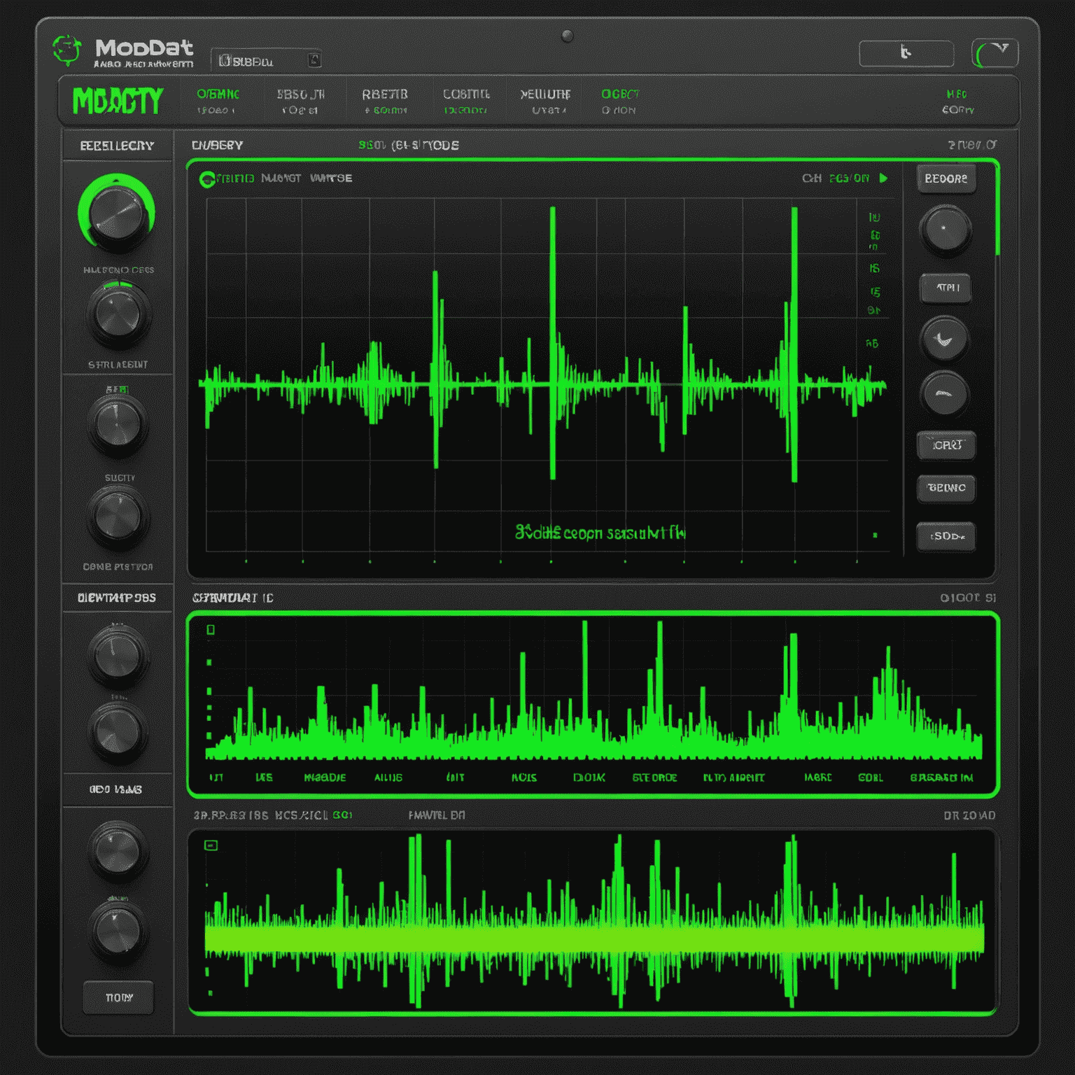 A screenshot of the modaudacity interface, showcasing a dark-themed audio editing environment with neon green waveforms, retro-style sliders, and pixelated icons representing various 8-bit sound effects