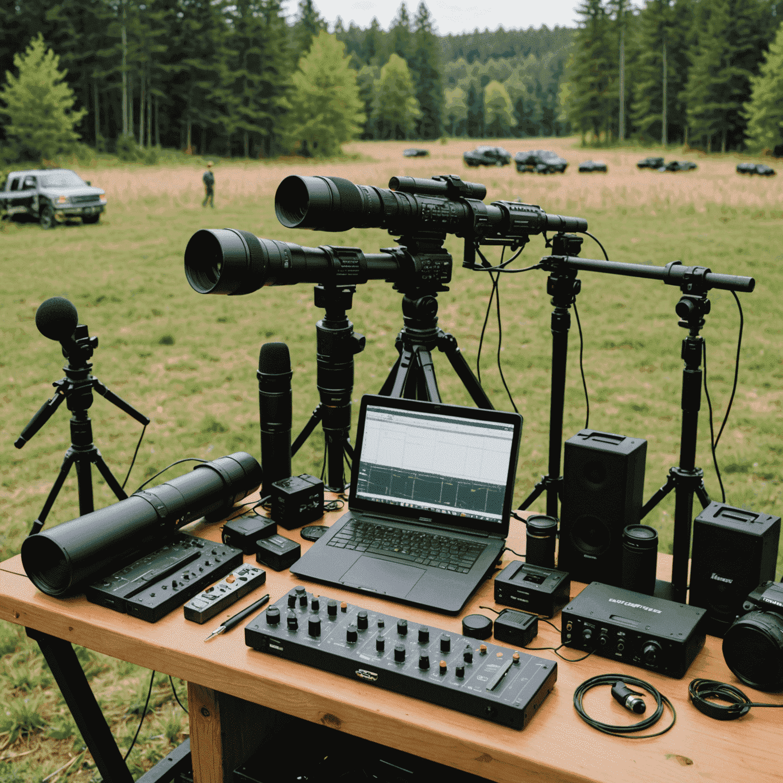 A professional audio recording setup in an outdoor environment, capturing the sound of various firearms. The image shows microphones strategically placed at different distances, a sound engineer monitoring levels, and a selection of weapons laid out for recording.