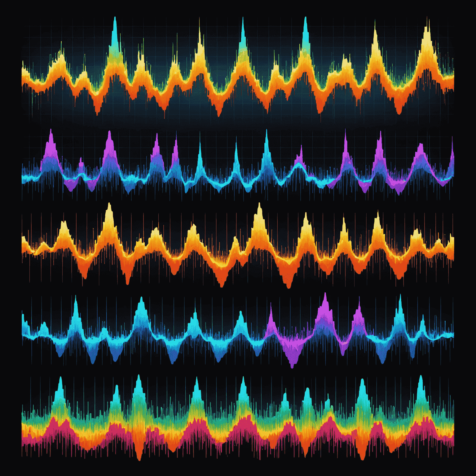 A series of colorful waveforms representing different spell effects, each with unique patterns and intensities.