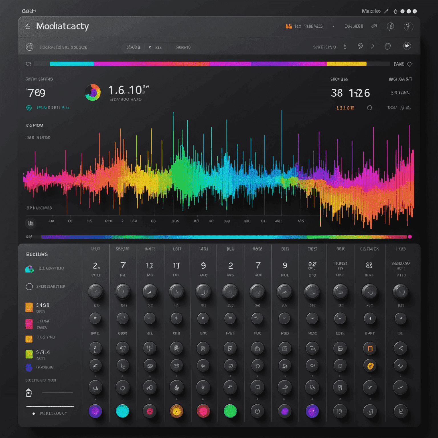 A visual representation of various interface sounds displayed as a colorful sound spectrum, showcasing the range and diversity of UI audio effects created by modaudacity