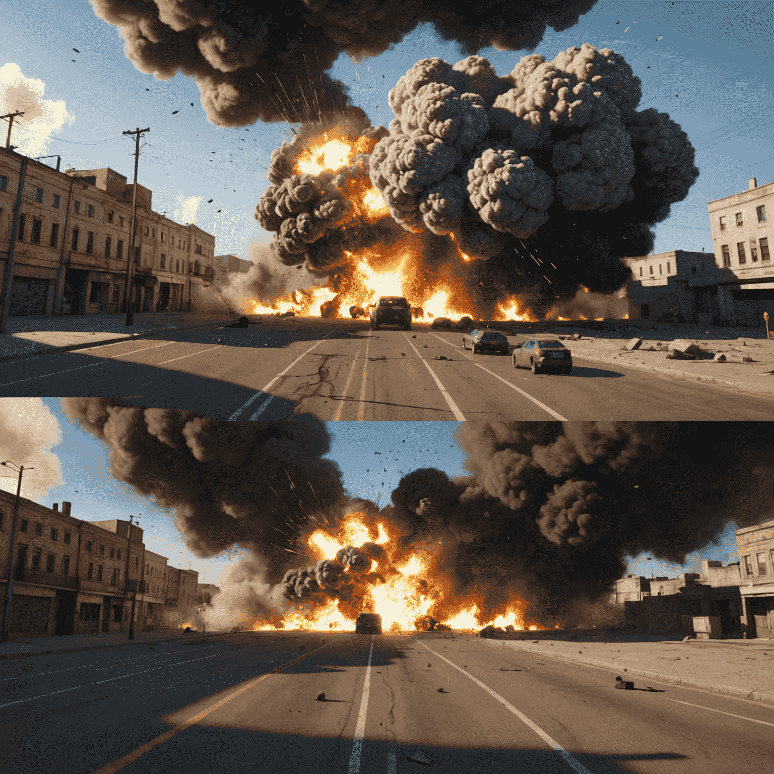 A split-screen comparison of a real-world explosion and its digital recreation in a game engine. The left side shows a controlled detonation, while the right side displays the same explosion rendered in a hyper-realistic game environment, highlighting the accuracy of the audio-visual synchronization.