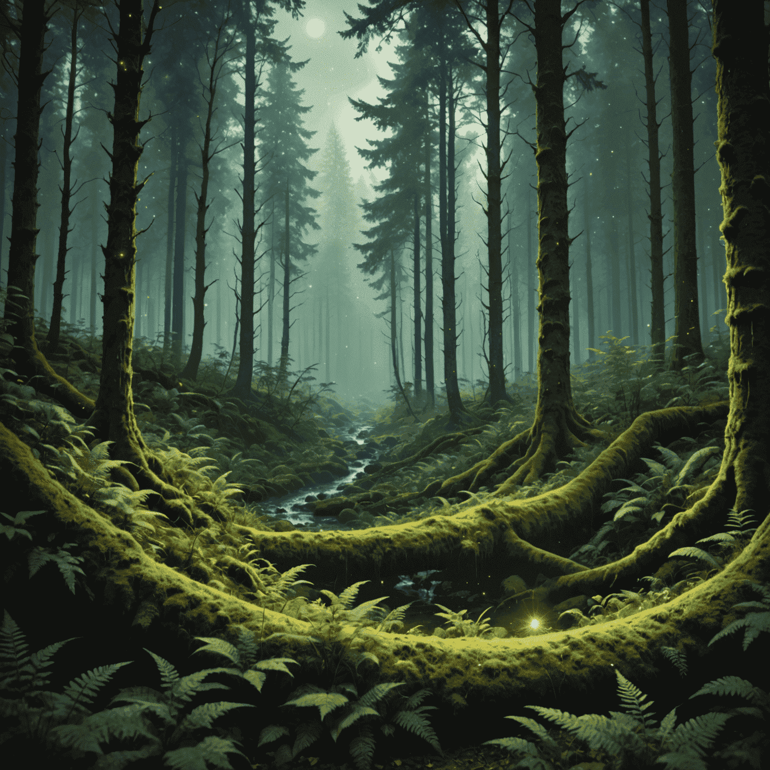 Waveform representation of a magical forest ambience, with subtle sparkles and mystical wind sounds