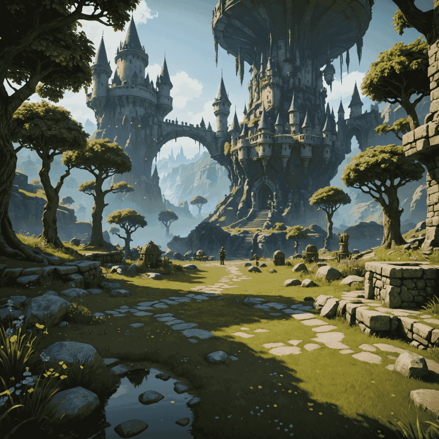 A screenshot of a game development environment showing modaudacity's sound effects being integrated into a fantasy game scene, with visual representations of sound sources and propagation.