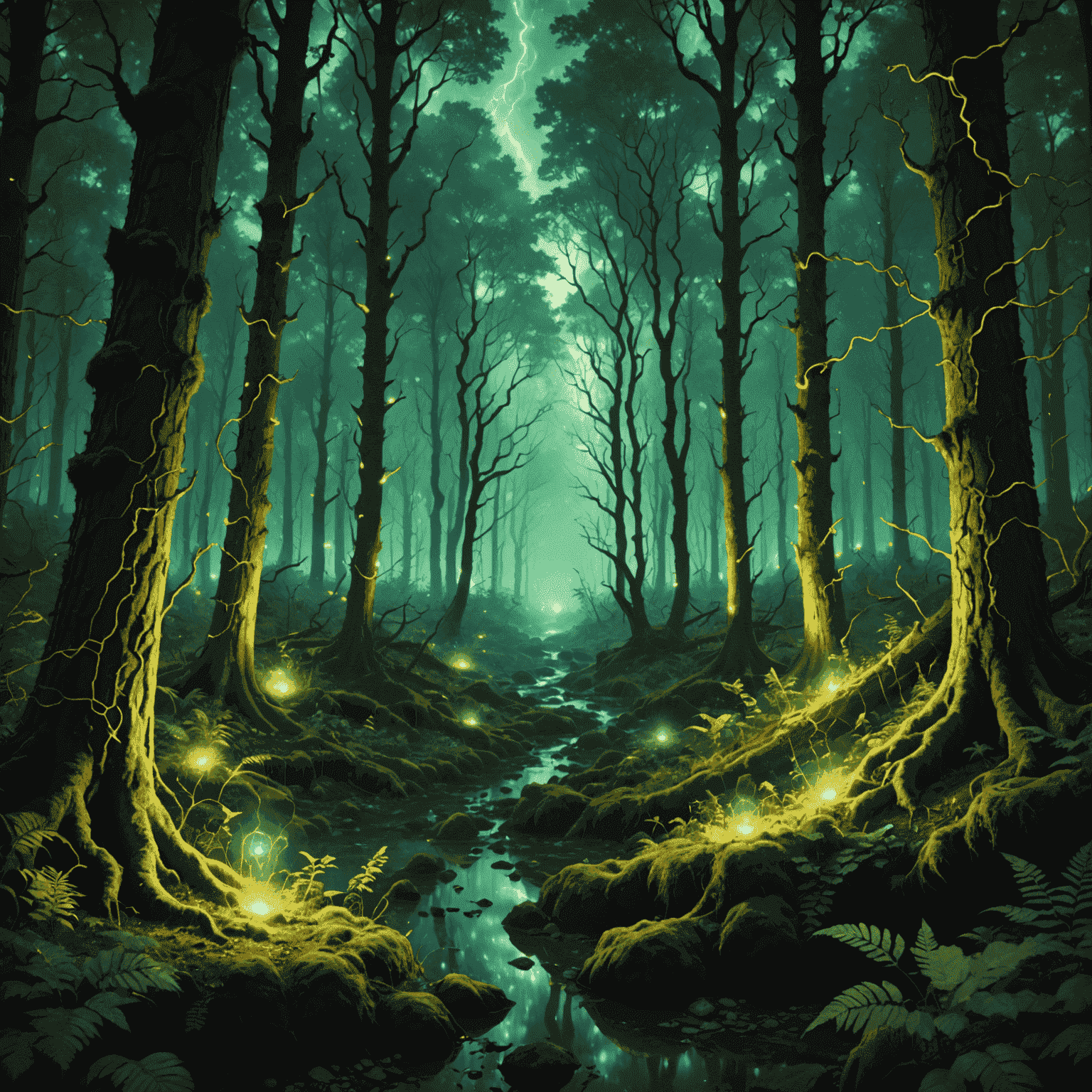 Mystical forest scene with glowing magical effects and sound waves